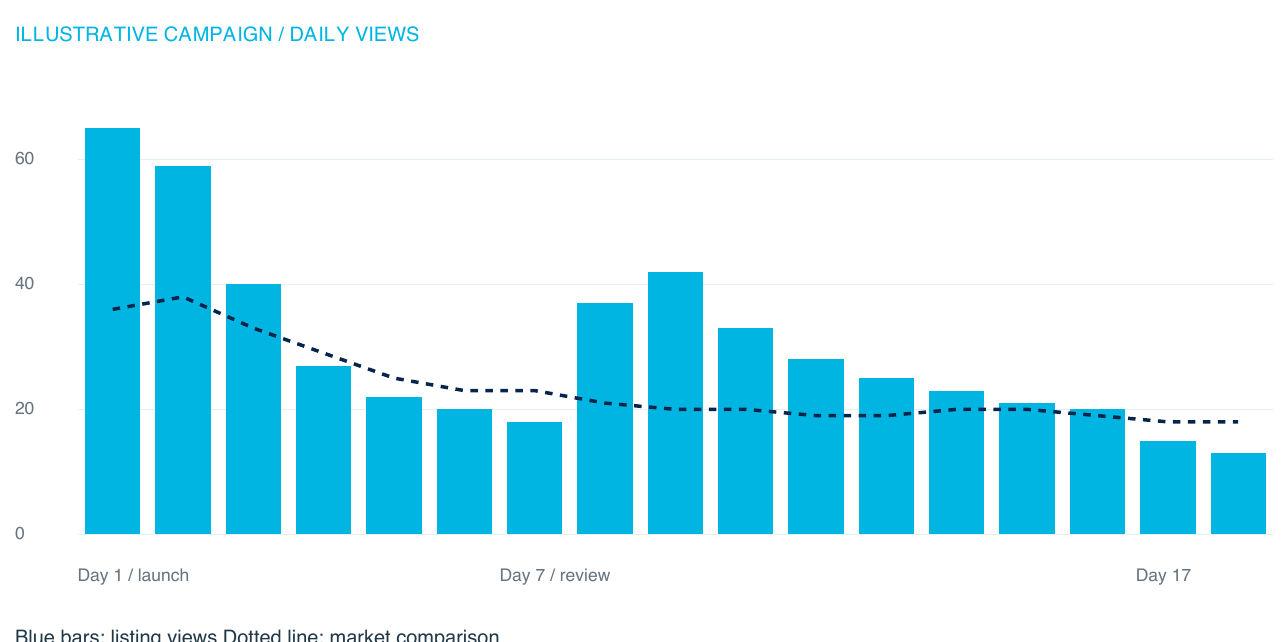 Fictional daily campaign views compared with a dotted market benchmark over 17 days.